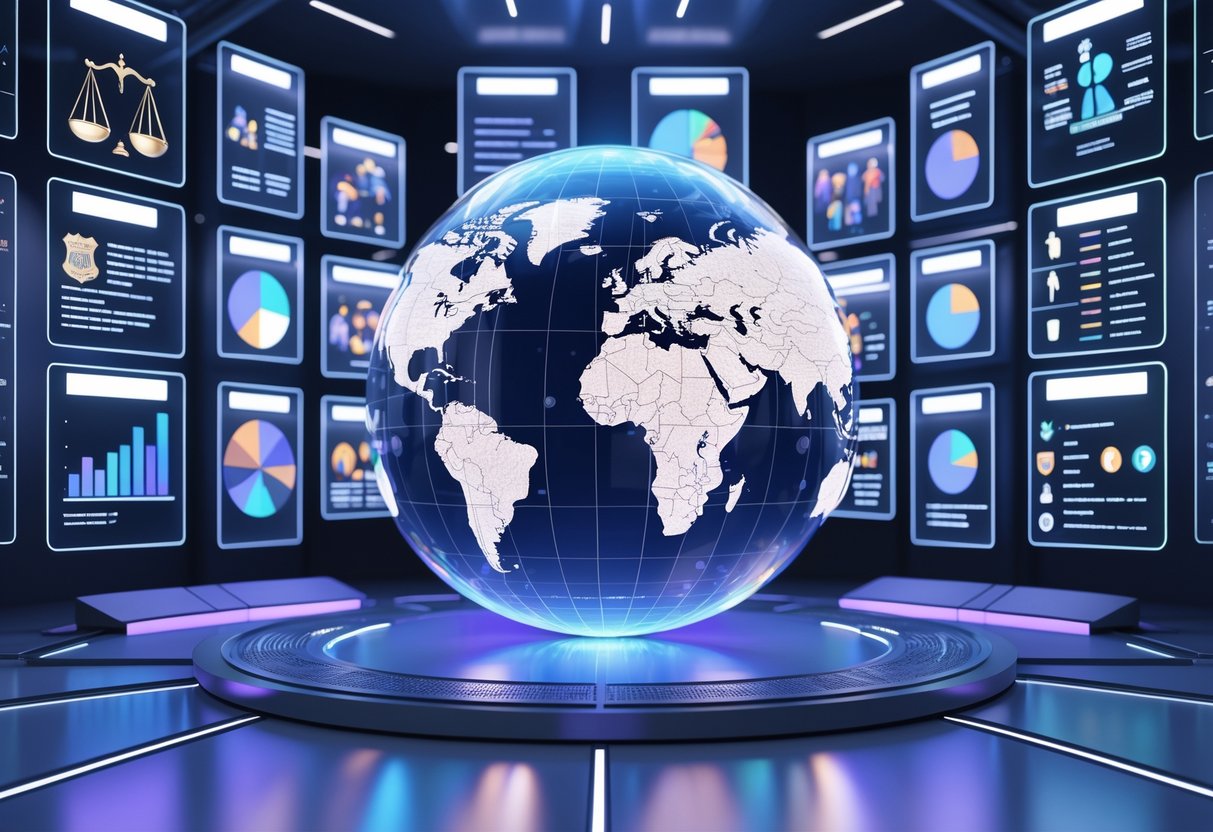 A 3D scene showing a digital globe surrounded by floating panels with charts and symbols representing different case studies about enforcement disparities.