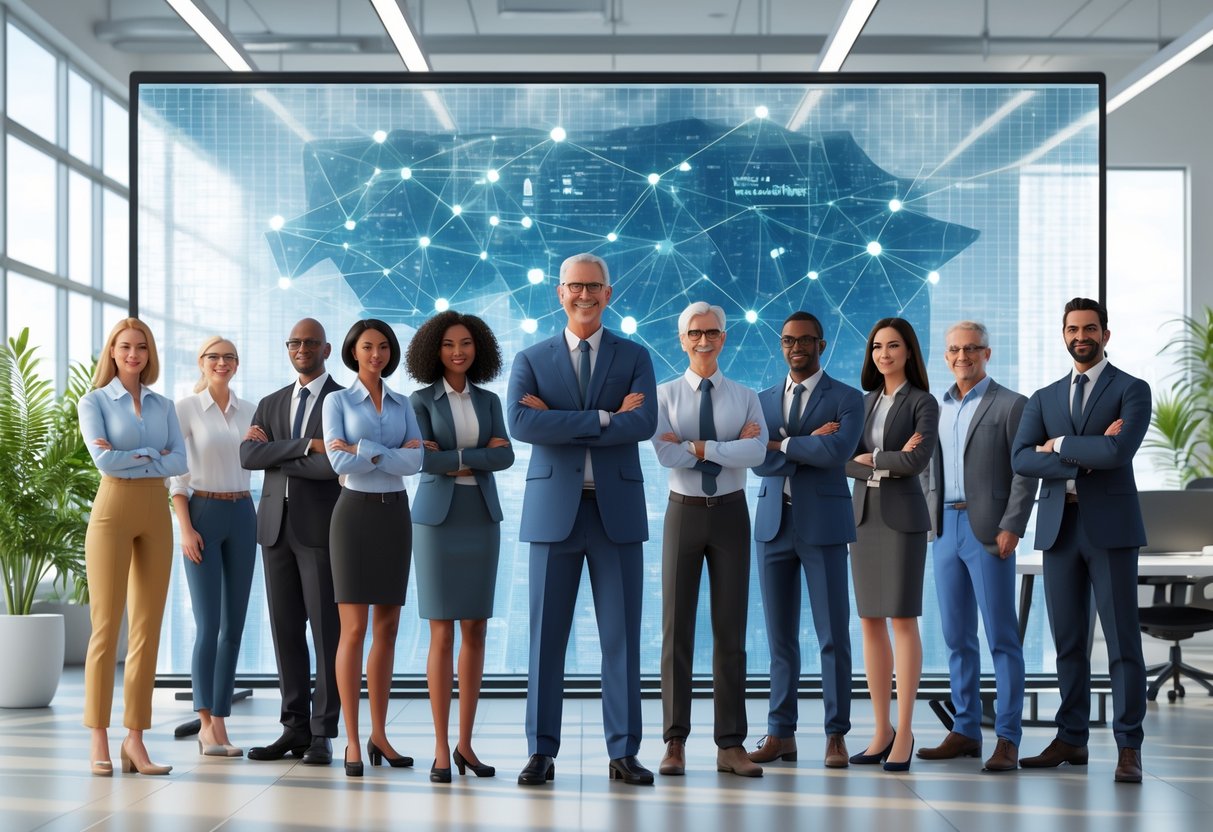 A diverse team of professionals standing together in a modern office, symbolising unity and commitment to fairness.