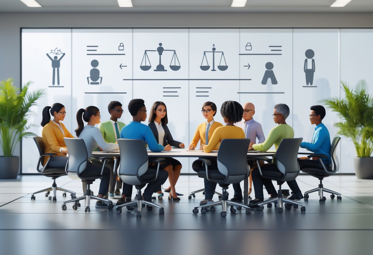 A group of diverse employees collaborating equally around a conference table in a bright, modern office.