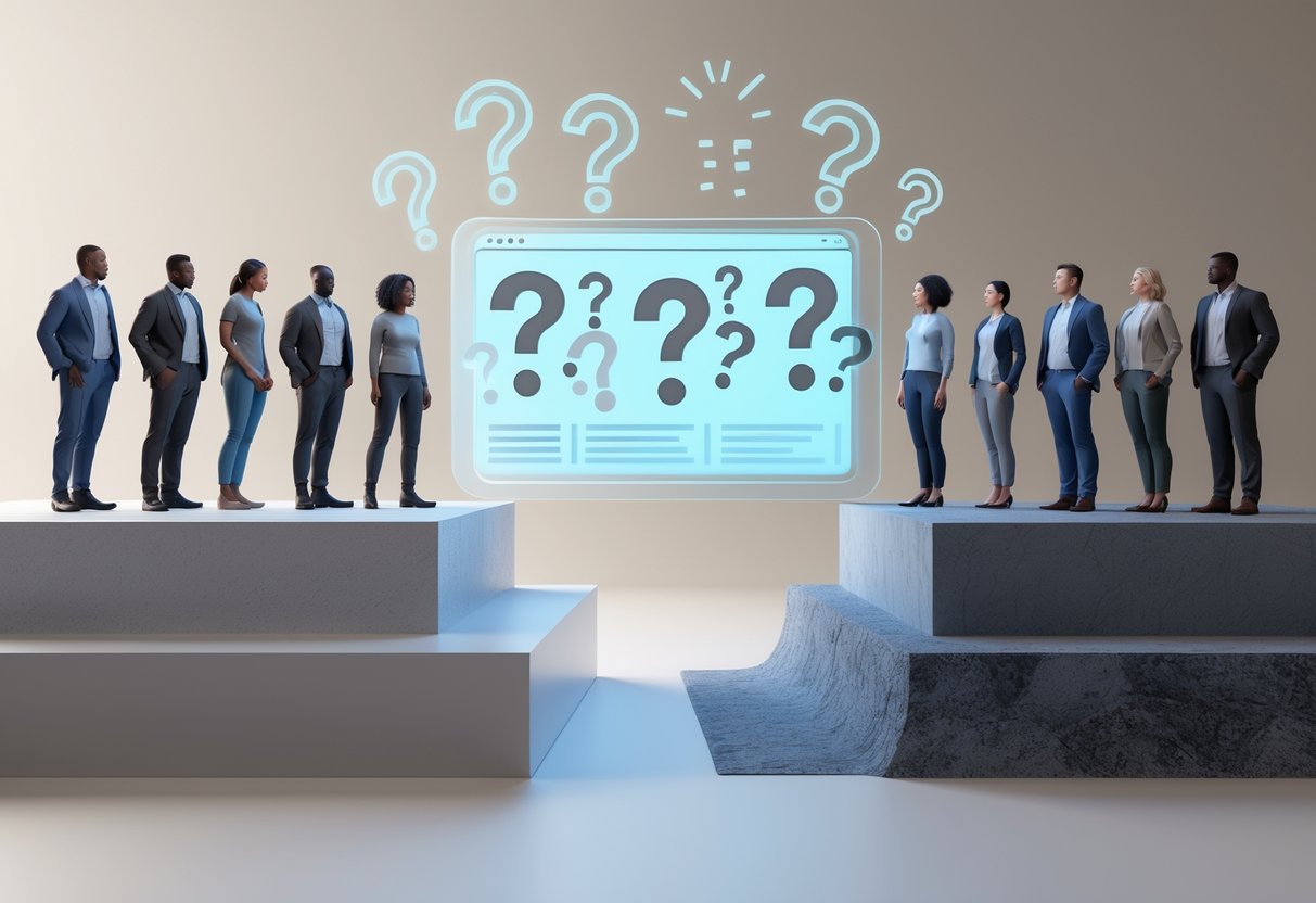 Two groups of people standing on different height platforms, one elevated and well-lit, the other lower and shadowed, with floating question marks between them to represent enforcement disparities.