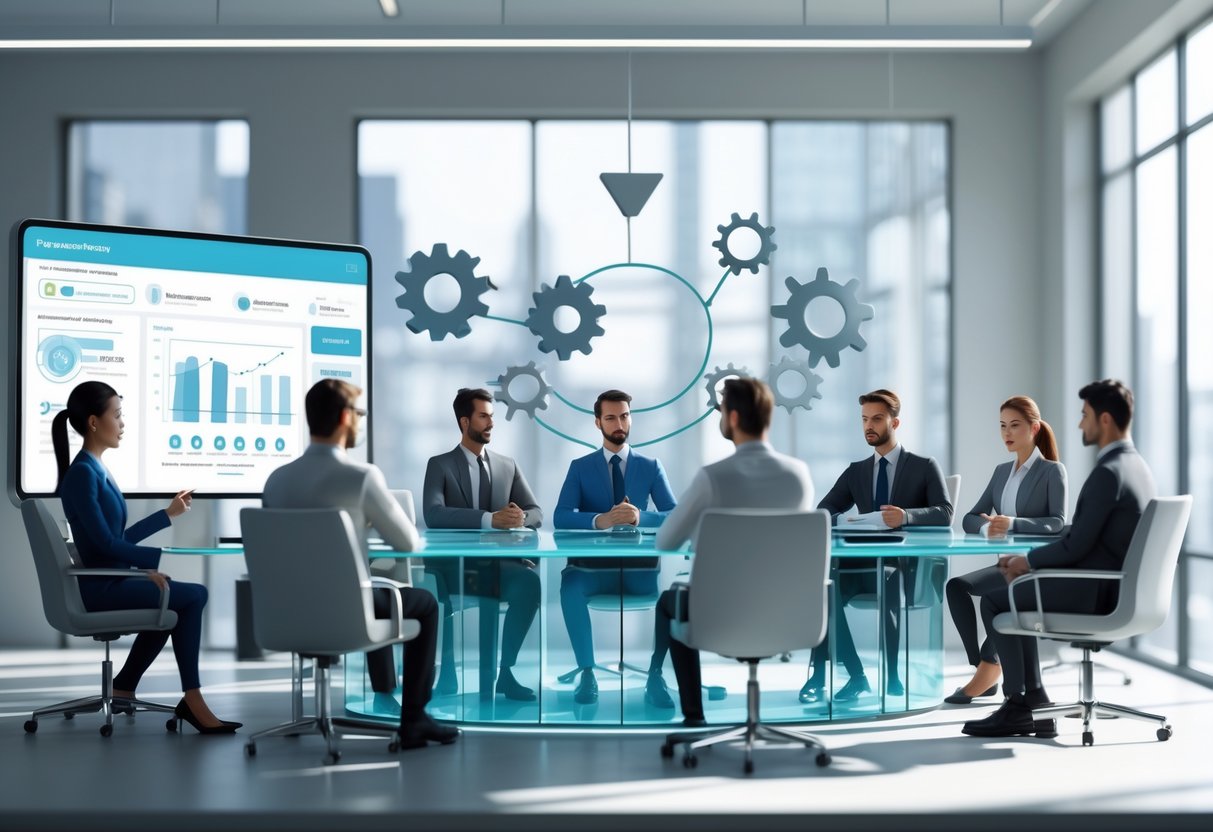A group of professionals in a bright office meeting room discussing performance reviews around a glass table, with symbols of fairness and equality in the background.