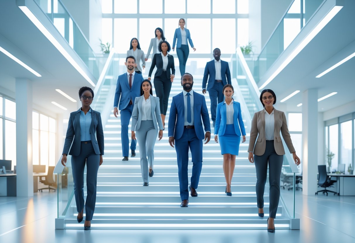 A diverse group of professionals climbing a transparent staircase in a bright office, representing fair and equal career growth opportunities.