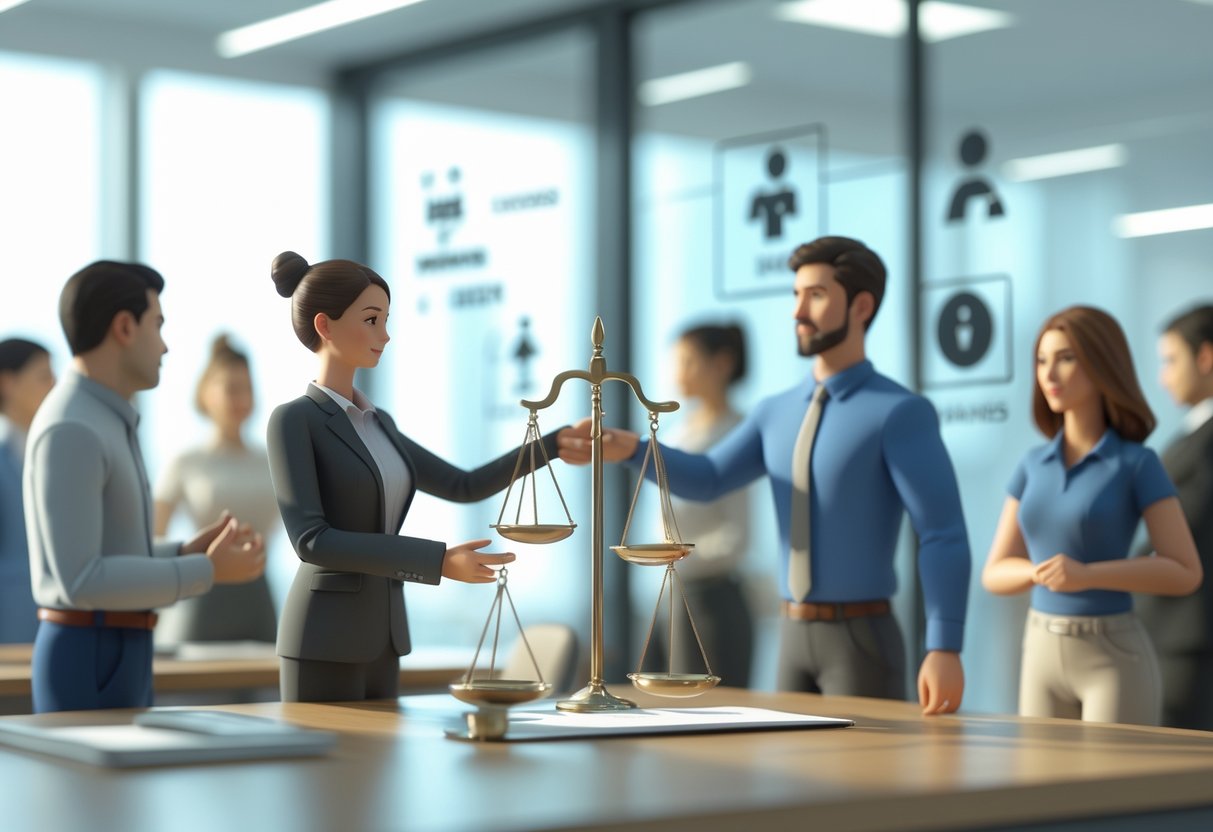 An office scene where an employee hands a confidential report to a manager, with a scale symbolising fairness on a desk nearby.