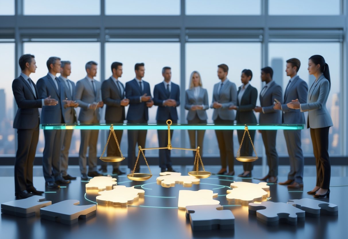 A group of diverse business people standing around a glass table with scales of justice, symbolising fairness and ethical behaviour in a modern office.