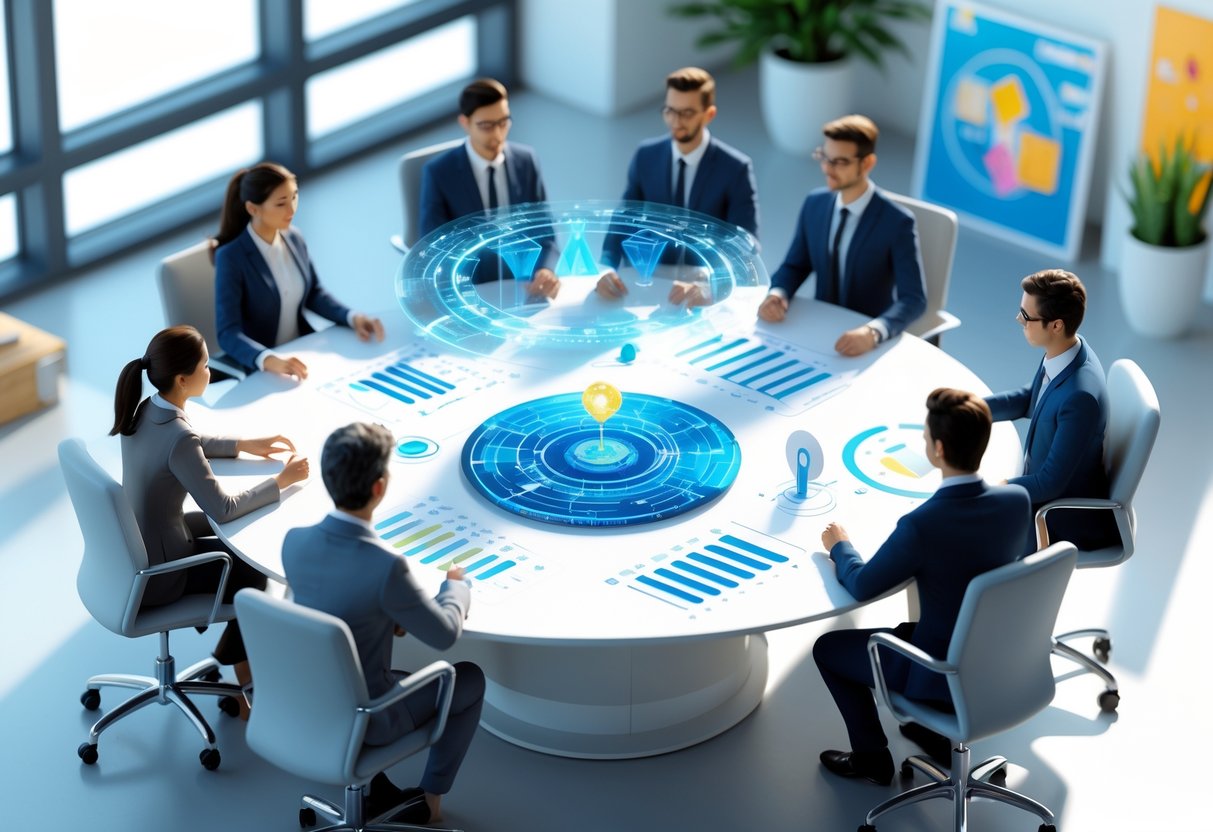 A group of diverse professionals working together around a round table with digital charts, symbolising fairness and teamwork in an open office space.