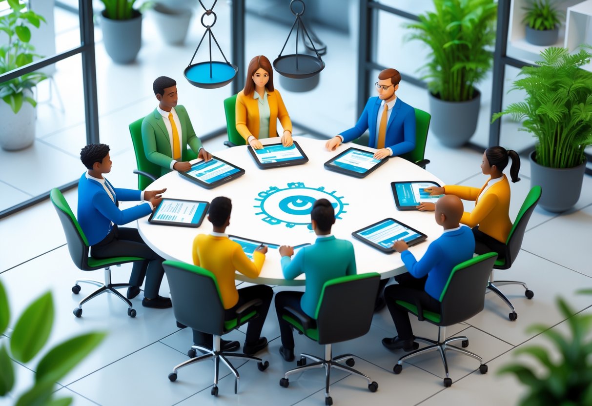 A group of diverse employees sitting around a table in an office, discussing and collaborating in a bright, open space.