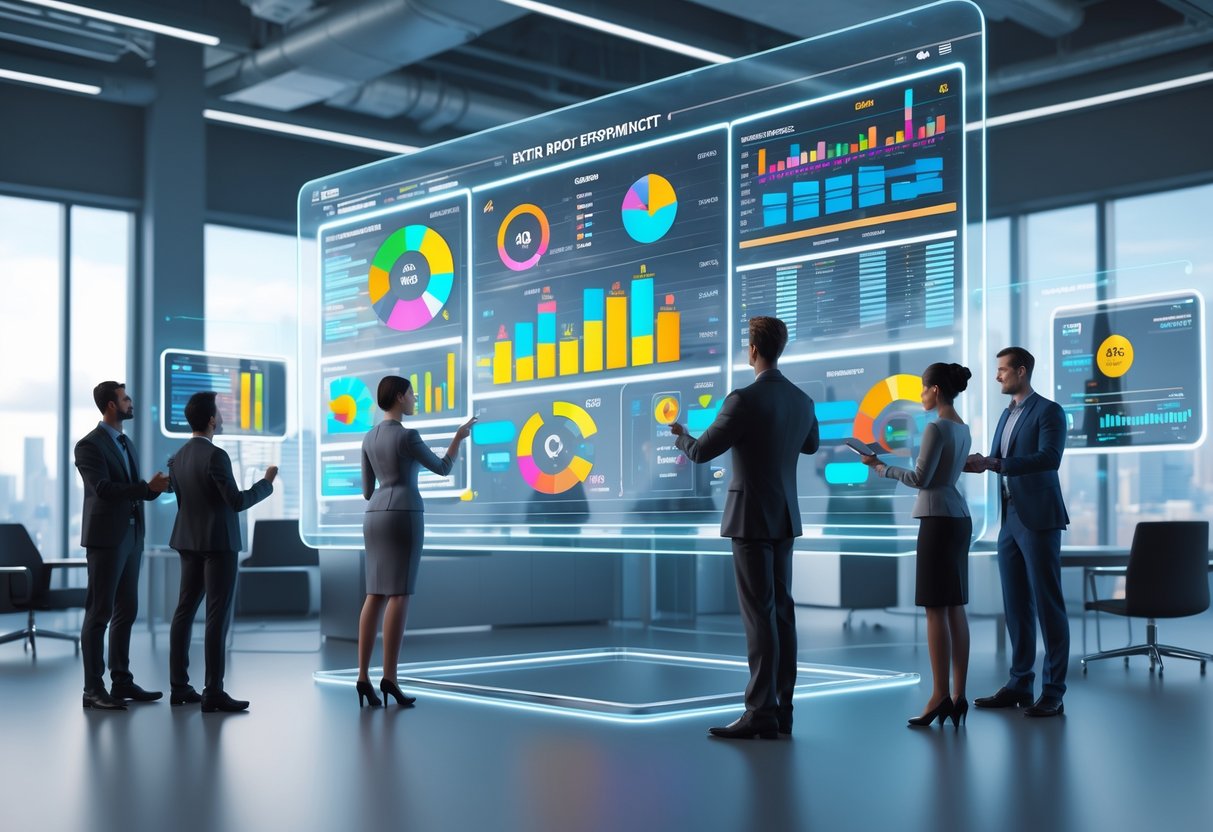 A 3D scene showing professionals interacting with floating digital charts and graphs in a modern office setting.