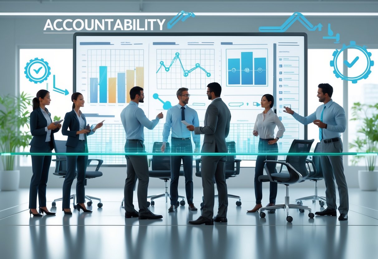 A group of professionals working together around a glass table with digital charts and a dashboard showing progress bars and checklists in a bright office.