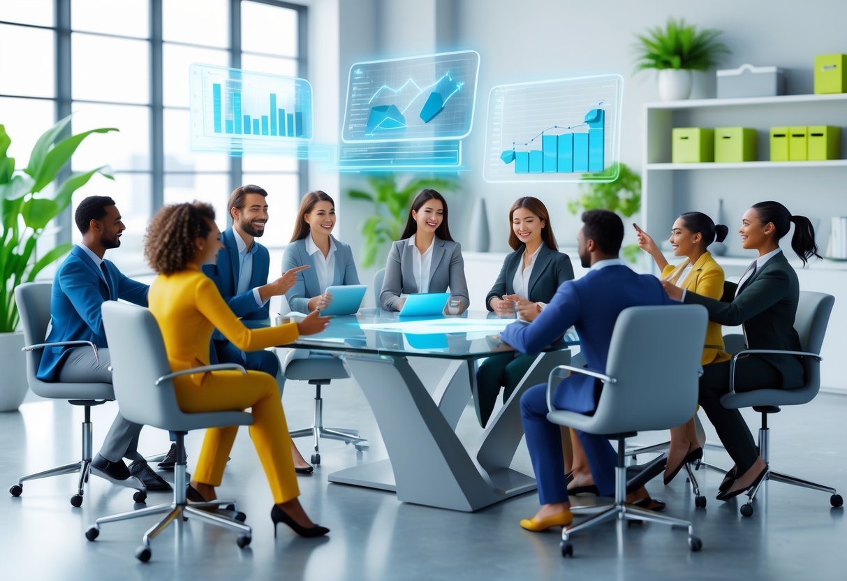 A group of people working together around a table, sharing ideas and looking at digital charts in a bright office.