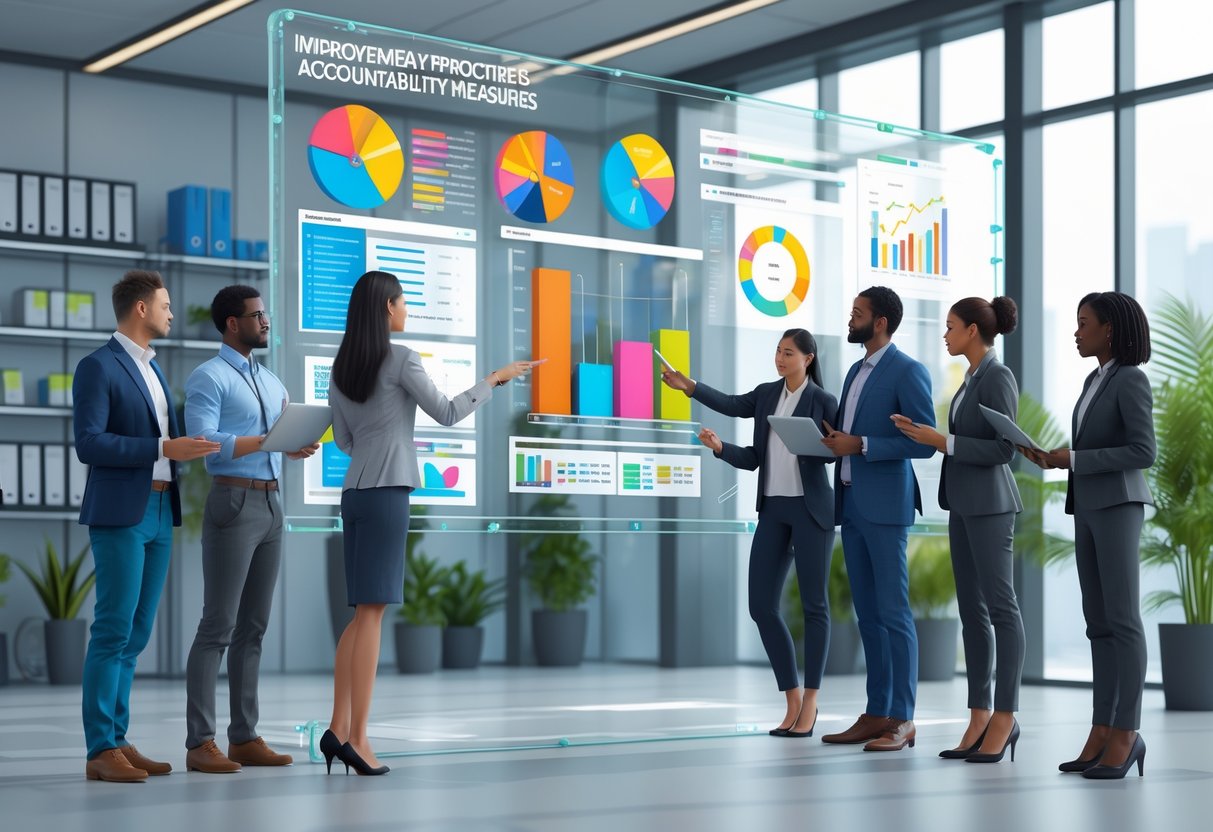 A group of diverse professionals collaborating around a digital dashboard showing charts and graphs in a modern office conference room.