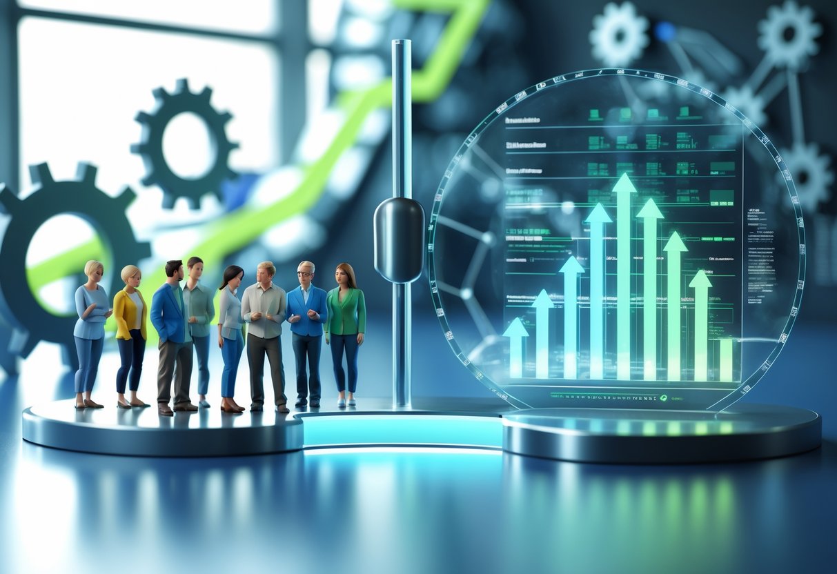 A 3D scene showing a balanced scale with diverse people on one side and digital financial data on the other, set against a background of gears and flowing data streams.