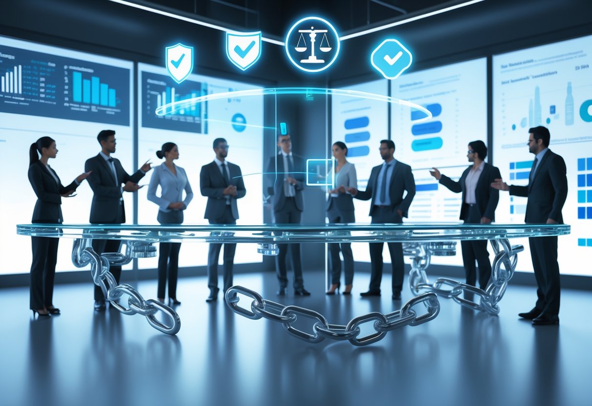 A corporate office scene with professionals gathered around a glass table shaped like a chain link, with floating icons representing fairness, integrity, teamwork, and responsibility.
