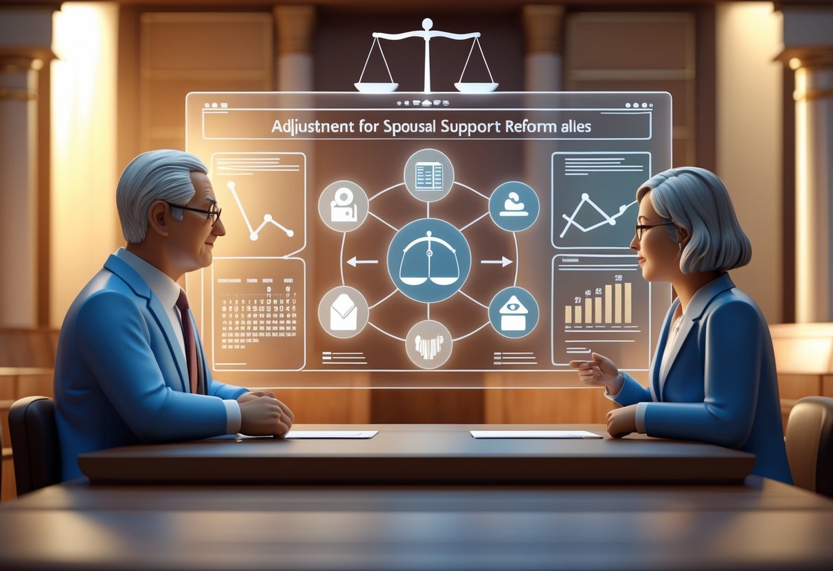 Two people discussing financial support and legal reforms in a modern legislative chamber with symbols of family, justice scales, and digital charts in the background.