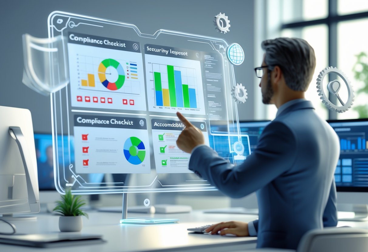 A professional interacting with a holographic interface showing charts, checklists, and icons representing quality assurance and compliance in a modern office setting.