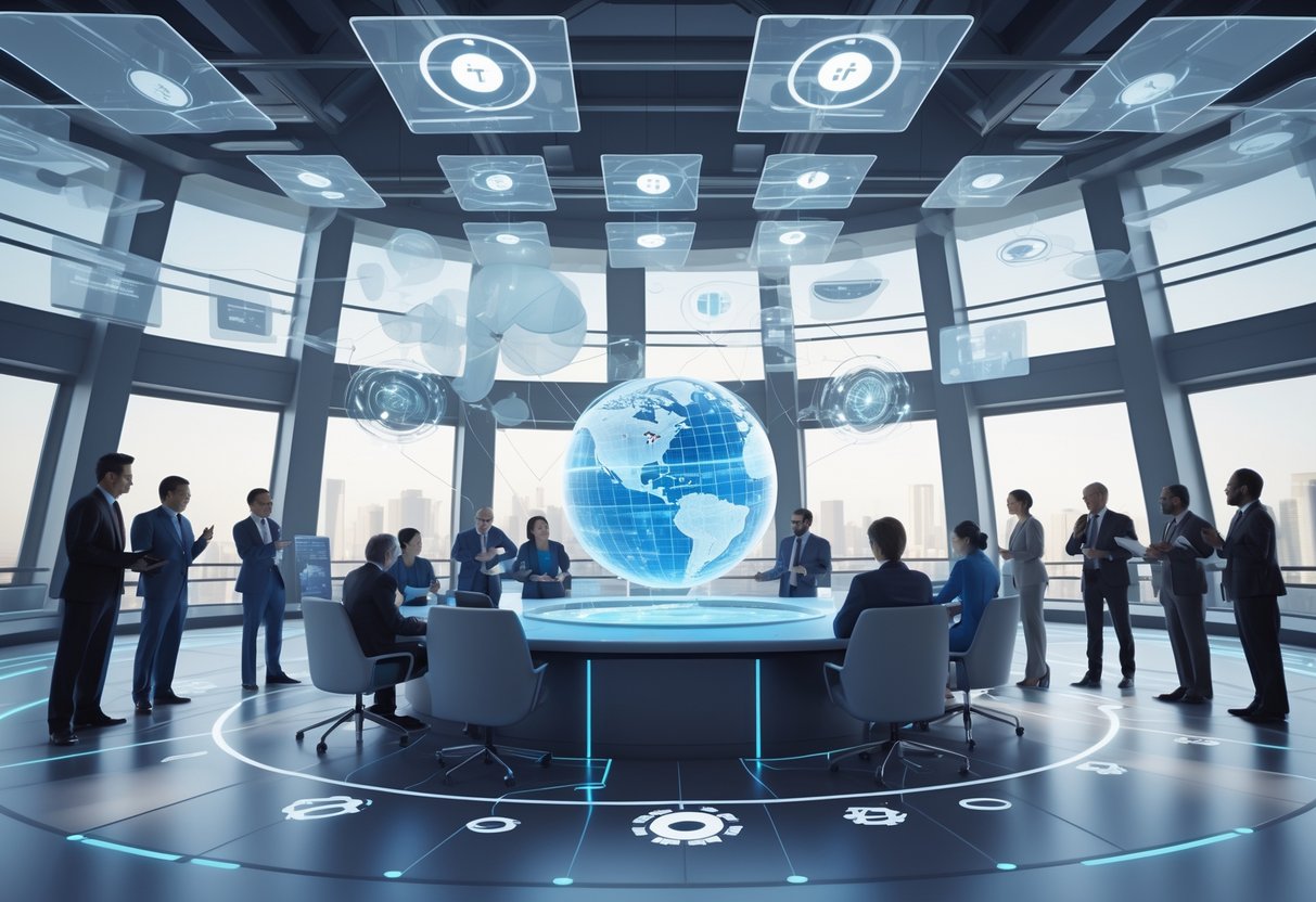 A circular political assembly room with diverse people discussing around a holographic globe and digital screens showing voting and reform symbols.