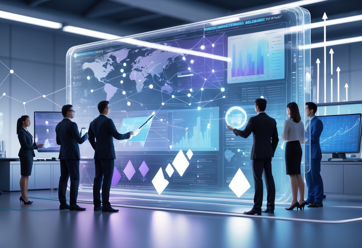 A group of professionals interacting with floating digital interfaces showing data and charts, surrounded by abstract shapes representing challenges and progress in accountability measures.