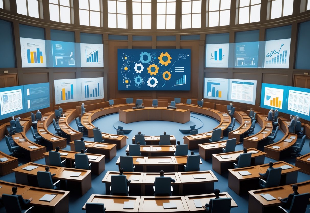 A legislative chamber with lawmakers discussing reform proposals, surrounded by holographic displays showing charts and legal symbols.