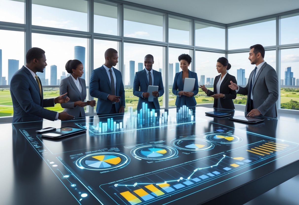 A group of people working together around a digital table showing economic data, with a city skyline visible through large windows.