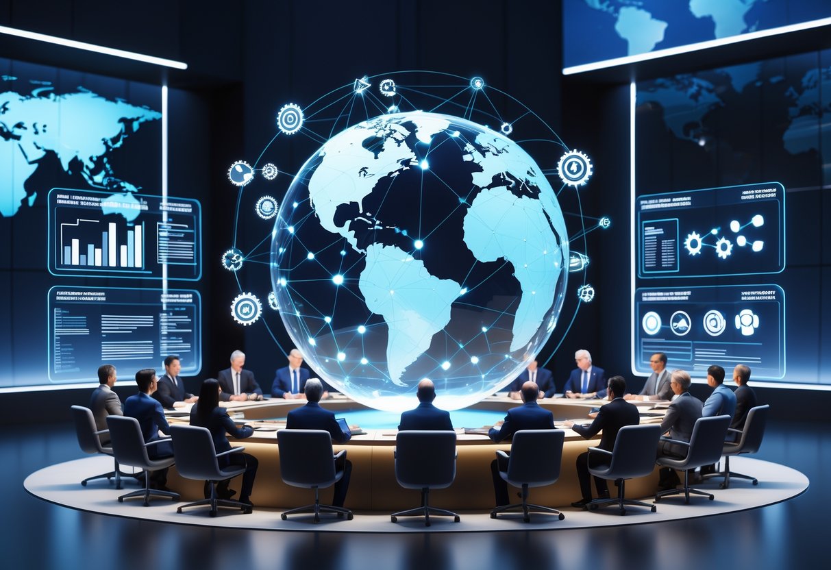 A 3D scene showing a digital globe surrounded by diverse delegates discussing international reforms in a modern conference hall.