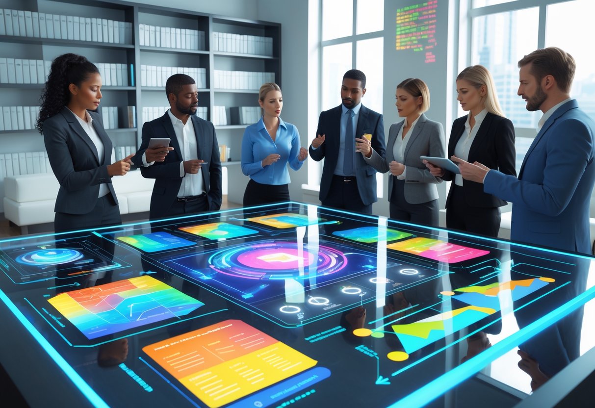 A group of professionals collaborating around a digital touchscreen table displaying charts and graphs in a bright office space.