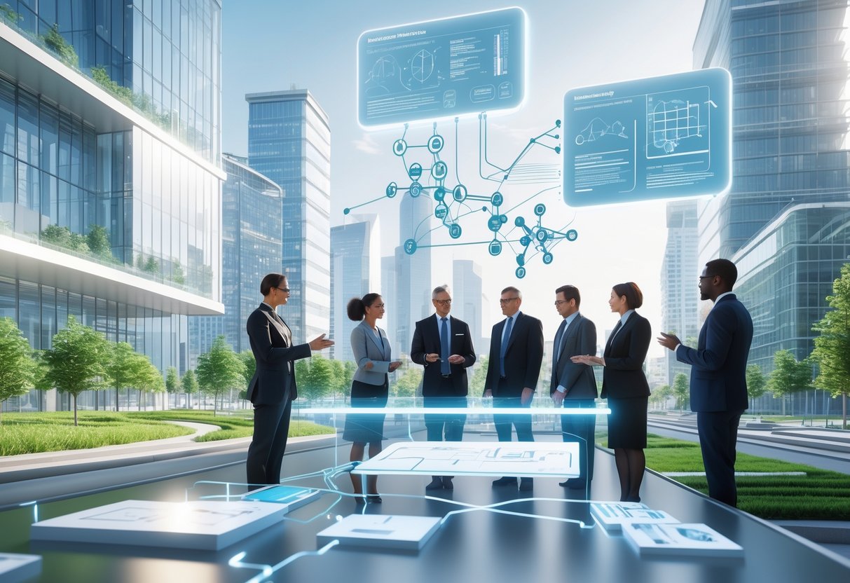A futuristic city with people discussing around a digital table showing 3D models, surrounded by holographic interfaces and green spaces.