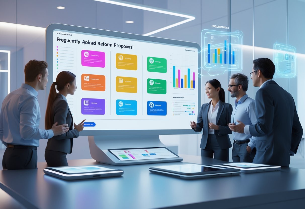 A group of professionals discussing ideas around a large digital touchscreen with colourful icons and holographic charts in a modern office setting.